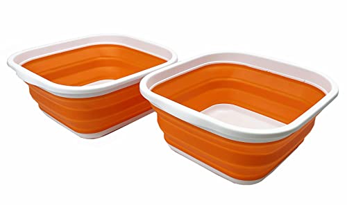 SAMMART 5,5 l Set mit 2 faltbaren Wannen, Faltbare Geschirrwanne, tragbares Waschbecken, platzsparende Kunststoff-Waschwanne (Weiß/Orange) von SAMMART