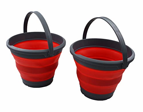 SAMMART 5,5 l zusammenklappbarer Kunststoffeimer – Faltbare runde Wanne – tragbarer Wassereimer zum Angeln – platzsparend (Grau/Karminrot (2er-Set)) von SAMMART