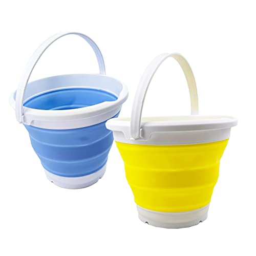 SAMMART 5,5 l zusammenklappbarer Kunststoffeimer – Faltbare runde Wanne – tragbarer Wassereimer zum Angeln – platzsparend (Zitrone + Babyblau (2er-Set)) von SAMMART