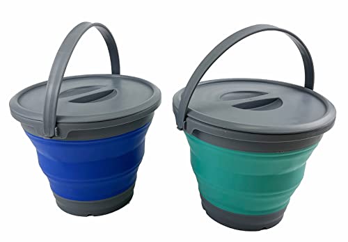 SAMMART 5,5 l zusammenklappbarer Kunststoffeimer mit Deckel – Faltbare runde Wanne mit Deckel – tragbarer Wassereimer zum Angeln – platzsparender (Purpurblau + Türkisblau) von SAMMART