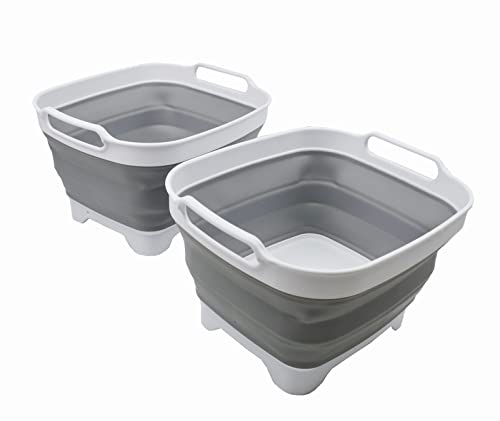 SAMMART 7,5 l zusammenklappbare Geschirrpfanne mit Ablassschraube – faltbares Waschbecken – tragbare Geschirrspülwanne – platzsparendes Küchenablage (Weiß/Grau (2er-Set)) von SAMMART