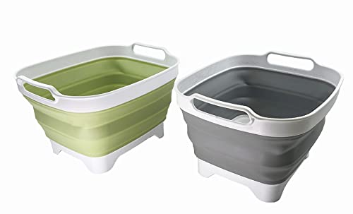 SAMMART 7,5 l zusammenklappbare Geschirrpfanne mit Abtropfstöpsel – faltbares Waschbecken – tragbare Geschirrwaschwanne – platzsparende Küchenaufbewahrung (Grey + Olive Green (Set of 2)) von SAMMART