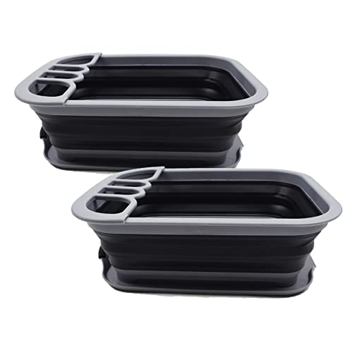 SAMMART 7,5 l zusammenklappbares Plastik Geschirrabtropfgestell mit Abtropfbrett – faltbares Wäscheständer-Set – tragbarer Geschirr-Organizer – platzsparende Küchenablage (Grau/Schwarz (2er-Set)) von SAMMART
