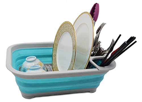 SAMMART 7.5L Collapsible Plastic Dish Drainer - Foldable Drying Rack Set - Portable Dinnerware Organizer - Space Saving Kitchen Storage Tray (1, Grau/Cyanin (W/O Basisplatte)) von SAMMART