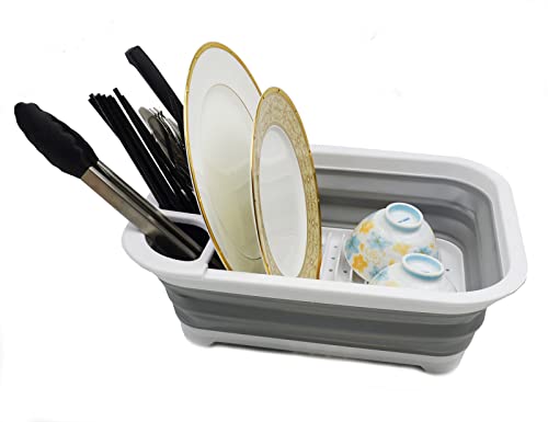 SAMMART 7.5L Collapsible Dish Drainer - Foldable Drying Rack Set - Portable Dinnerware Organizer - Space Saving Kitchen Storage Tray (1, Weiß/Grau (W/O Basisplatte)) von SAMMART