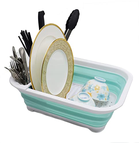 SAMMART 7.5L Collapsible Dish Drainer - Foldable Drying Rack Set - Portable Dinnerware Organizer - Space Saving Kitchen Storage Tray (1, Weiß/Seegrün (W/O Basisplatte)) von SAMMART