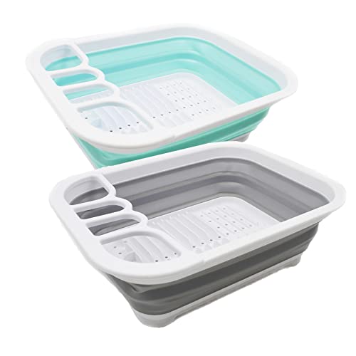 SAMMART 7.5L Collapsible Plastic Dish Drainer - Foldable Drying Rack Set - Portable Dinnerware Organizer - Space Saving Kitchen Storage Tray (2, Grau + Seegrün (2er-Set)) von SAMMART