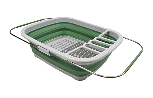 SAMMART 8L Plastik erweiterbarer und zusammenklappbarer Geschirrabtropfer – Faltbarer Wäscheständer – tragbarer Geschirr-Organizer – platzsparende Küchenablage (Grau/Dunkles Meergrün, 1) von SAMMART