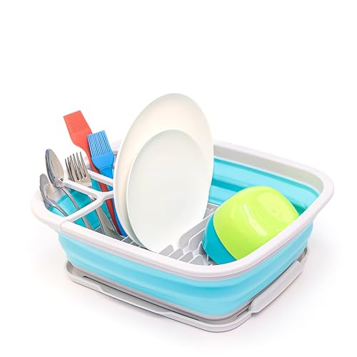 SAMMART 8L zusammenklappbarer Plastik Abtropfständer mit Abtropfbrett – faltbares Wäscheständer-Set – tragbarer Geschirr-Organizer – platzsparende Küchenablage (Grau/Cyanin, 1) von SAMMART