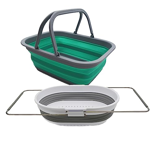 SAMMART 9,2 l zusammenklappbare Wanne mit Griff + 5 l ovales Sieb über der Spüle (Bläulich-Grün (Korb) + Grau (Sieb)) von SAMMART