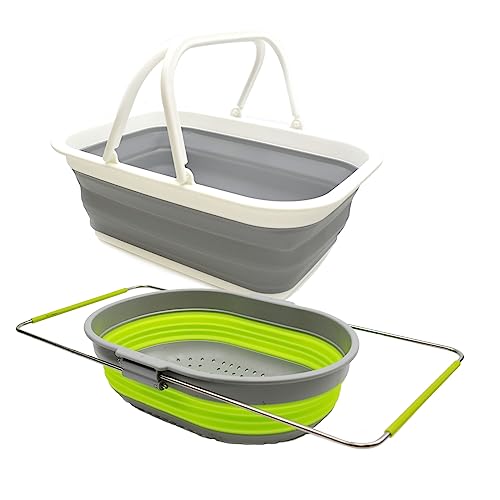 SAMMART 9,2 l zusammenklappbare Wanne mit Griff + 5 l ovales Sieb über der Spüle (Grau (Korb) + Fluoreszierendes Grün (Sieb)) von SAMMART