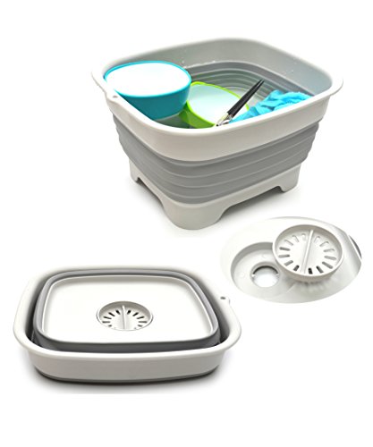 SAMMART 9.1L Collapsible Dishpan with Draining Plug - Foldable Washing Basin - Portable Dish Washing Tub - Space Saving Kitchen Storage Tray (Grau, Klein) von SAMMART