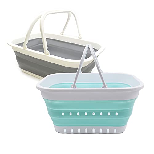 SAMMART 9.2L & 19L Faltbare Wanne mit Griff - Tragbarer Picknickkorb/Krater für den Außenbereich - Faltbare Einkaufstasche - 2 Stück (Grau & Seegrün) von SAMMART