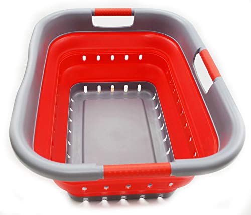 SAMMART 41L Collapsible 3 Handled Plastic Laundry Basket - Foldable Pop Up Storage Basket/Organizer - Space Saving Hamper/Basket (3 handled rectangular, Grey/Red) von SAMMART