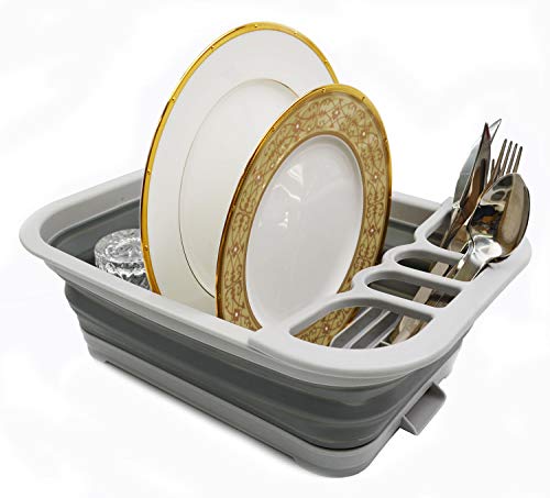 SAMMART Collapsible Plastic Dish Drainer with Drainer Board - Foldable Drying Rack Set - Portable Dinnerware Organizer - Space Saving Kitchen Storage Tray (Grau) von SAMMART