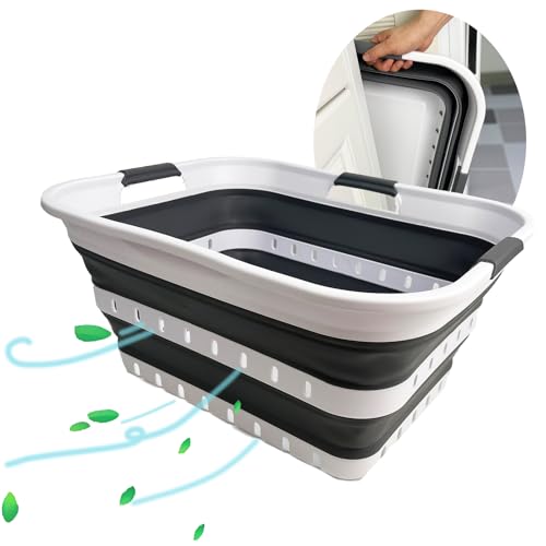 SAMMART Collapsible Plastic Laundry Basket - Foldable Pop Up Storage Container/Organizer - Portable Laundry Hamper - Space Saving (Weiß/Stahlgrau, 42L) von SAMMART