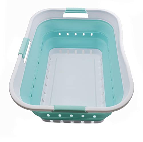 SAMMART 42L Collapsible Plastic Laundry Basket - Foldable Pop Up Storage Container/Organizer - Space Saving Hamper/Basket (White/Lake Green, 1) von SAMMART