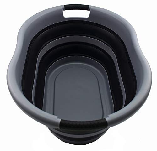 SAMMART 36L Collapsible Plastic Wäschekorb - Ovale Wanne/Korb - Faltbarer Vorratsbehälter/Organizer - Tragbare Waschwanne - Platzsparender Wäschekorb, Wasserkapazität: 28L (1, Grey/Black) von SAMMART