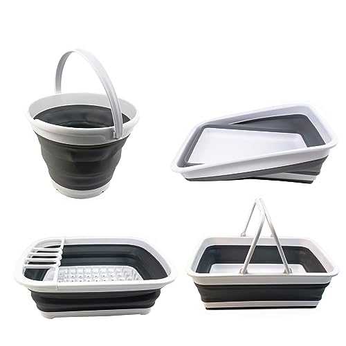 SAMMART Combo Zusammenklappbares Spülset - Eimer, Abtropfgestell, Geschirrwanne und Wäschekorb Mit Griff - Platzsparend, Camping-Set (Grau/Stahl Grau, 4er-Set) von SAMMART