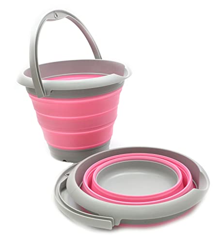 SAMMART Faltbarer Angel-Bucke, 5 l, zusammenklappbar, rund, tragbar, aus Kunststoff, Wassereimer für den Außenbereich, platzsparend (Grau/Rosa (2er-Set)) von SAMMART