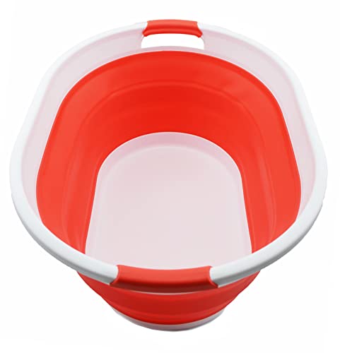 SAMMART Faltbarer Kunststoff-Wäschekorb, 28 l, ovale Wanne/Korb – tragbare Waschwanne, platzsparender Wäschekorb, Wasserkapazität: 22 l, (Weiß/Orange/Rot) von SAMMART