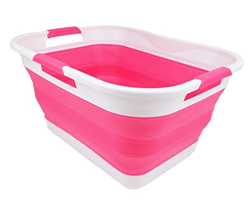 SAMMART Faltbarer Kunststoff-Wäschekorb, 30 l, faltbar, Pop-Up-Aufbewahrungsbehälter/Organizer, platzsparender Wäschekorb, Wasserkapazität 24 l (Weiß/Rosa) von SAMMART