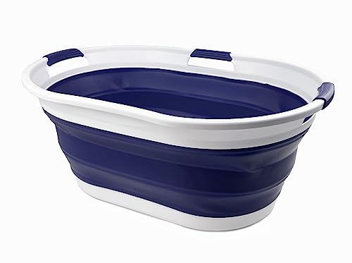 SAMMART Faltbarer Wäschekorb aus Kunststoff, 44 l, faltbarer Pop-Up-Aufbewahrungsbehälter/Organizer, tragbare Waschwanne, platzsparender Wasserkorb, Wasserkapazität: 35 l (1, Weiß/Marineblau) von SAMMART