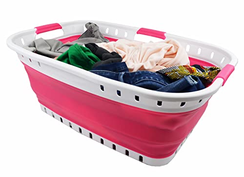 SAMMART Faltbarer Wäschekorb aus Kunststoff, 44 l, zusammenklappbar, tragbar, platzsparend (1, Weiß/Rosa) von SAMMART