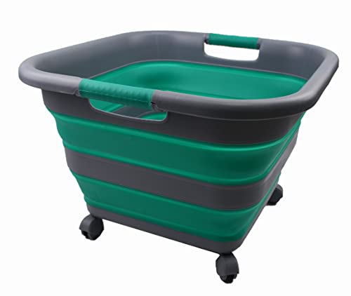 SAMMART Faltbarer Wäschekorb aus Kunststoff mit Rädern, 39 l, zusammenklappbar, mit Rollen, tragbare Waschwanne, platzsparender Korb (1, Dark Grey/Bluish-Green) von SAMMART