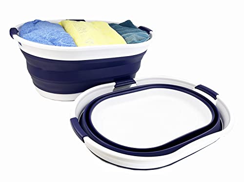 SAMMART Set mit 2 zusammenklappbaren Wäschekörben aus Kunststoff mit 3 Griffen–ovale Wanne/Korb–faltbarer Aufbewahrungsbehälter–tragbare Waschwanne–platzsparender Wäschekorb (44L Oval-Weiß/Marineblau) von SAMMART