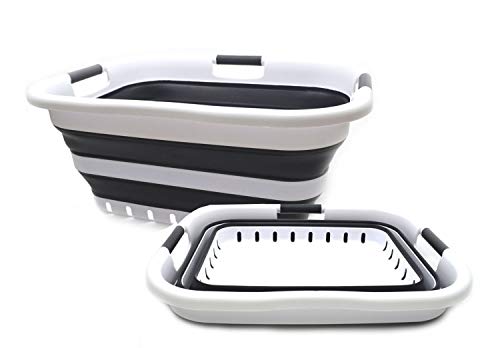 SAMMART 41L Set of 2 Collapsible 3 Handled Plastic Laundry Basket - Foldable Pop Up Storage Container/Organizer - Portable Washing Tub - Space Saving Hamper/Basket (White/Black, 2) von SAMMART