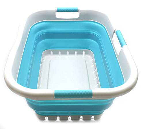 SAMMART 41L Collapsible 3 Handled Plastic Laundry Basket - Foldable Pop Up Storage Container/Organizer - Portable Washing Tub - Space Saving Hamper/Basket (3 rechteckig behandelt, Grau/Hellblau) von SAMMART