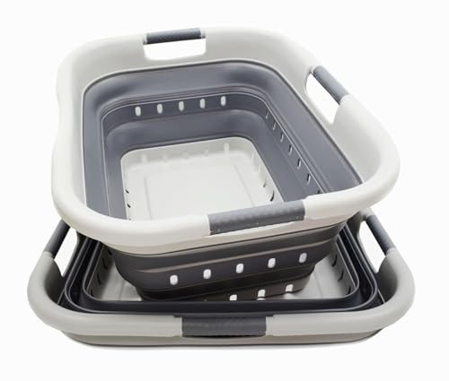 SAMMART Wäschekorb mit 3 Griffen, zusammenklappbar, aus Kunststoff, 41 l (2, Grau/Dunkelgrau) von SAMMART