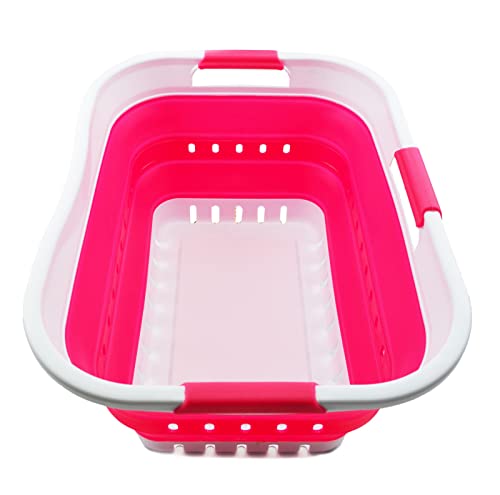 SAMMART Wäschekorb aus Kunststoff, zusammenklappbar, 30 l, mit 3 Griffen, faltbar, Aufbewahrungsbehälter, Organizer, tragbare Waschwanne, platzsparender Korb (White/Rose Pink) von SAMMART