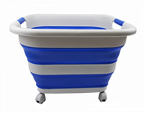 SAMMART Wäschekorb aus Kunststoff, zusammenklappbar, 39 l, mit Rädern, zusammenklappbar, zum Organisieren, tragbare Waschwanne, platzsparender Korb (1, Grey/Purplish Blue) von SAMMART