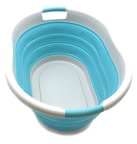 SAMMART 36L Collapsible Plastic Laundry Basket, Water Capacity 28L (Oval, Grau/Hellblau) von SAMMART