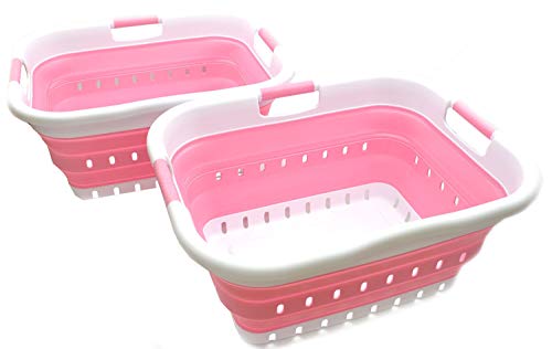 SAMMART Wäschekorb mit 3 Griffen, zusammenklappbar, aus Kunststoff, 41 l (2, White/Pink) von SAMMART