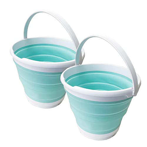 SAMMART Zusammenklappbarer Kunststoffeimer, 10 l, zusammenklappbar, rund, tragbar, Angelwasser, Eimer, platzsparend, Outdoor-Wassertopf, Größe 33 cm Durchmesser (Weiß/Seegrün (2er-Set)) von SAMMART