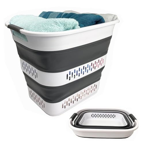 SAMMART Zusammenklappbarer Wäschekorb aus Kunststoff, 40 l, faltbarer Pop-Up-Aufbewahrungsbehälter/Organizer, tragbarer Wäschesammler, platzsparend (1, Weiß/Stahlgrau) von SAMMART