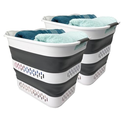 SAMMART Zusammenklappbarer Wäschekorb aus Kunststoff, 40 l, faltbarer Pop-Up-Aufbewahrungsbehälter/Organizer, tragbarer Wäschesammler, platzsparend (2, Weiß/Stahlgrau) von SAMMART