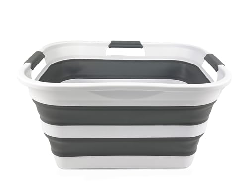 SAMMART Zusammenklappbarer Wäschekorb aus Kunststoff, Waschwanne, faltbarer Pop-Up-Aufbewahrungsbehälter, platzsparender/tragbarer Wäschekorb. Ideal für Zuhause, Reisen (Weiß/Stahlgrau, 30L) von SAMMART