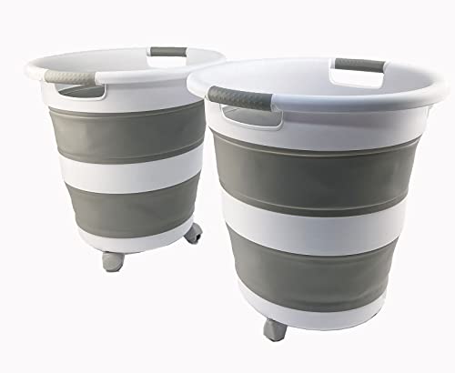 SAMMART Zusammenklappbarer Wäschekorb aus Kunststoff mit Rädern, 34L, Faltbarer Pop-Up-Aufbewahrungsbehälter/Organizer mit Rädern, tragbare Waschwanne, platzsparender Korb (Grau (2er-Set)) von SAMMART