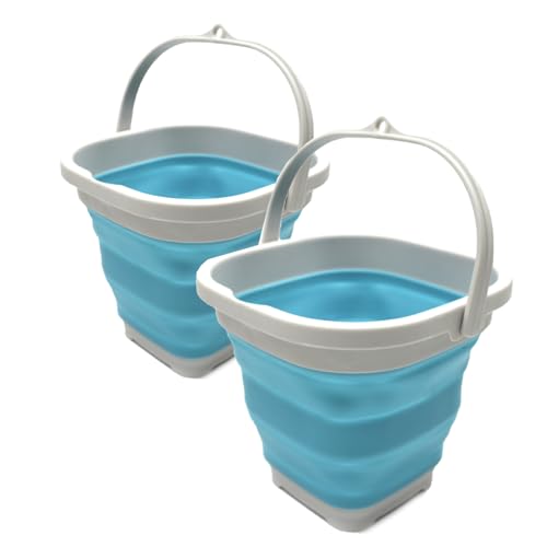 Sammart 2,6 l Super Mini Quadratisch Faltbarer Kunststoffeimer – Faltbarer quadratischer Eimer – Tragbarer Wassereimer – Platzsparender Outdoor-Wassertopf (Grau/Hellblau, 2) von SAMMART