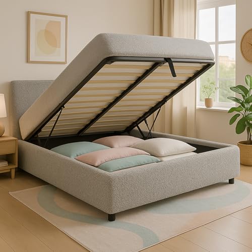 SAMPUR - XXL-Boxspringbett, Kolosseum, Frottee, Stauraum bis zu 900 l, robust und breiter Öffnungswinkel (140 x 190 cm, Frottee, grau) von SAMPUR