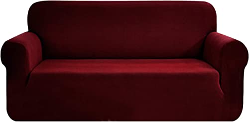 SAMSTEX Stilvolle Sofabezug 4 Sitzer High Stretch 1 Stück Sofa Schonbezüge Dicke Weiche Sofaschoner Maschinenwaschbar Rutschfeste Couchbezüge Weinrot von SAMSTEX