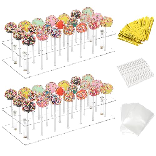 SAMSYOKI 2 Stück Cake Pop Ständer, 21 Löcher Lollipop Halter mit 100 Cake Pop Stiele, Lollipop-Tüten und Kabelbinder Lutscher Ständer Acryl für Hochzeit Geburtstag Dessert Tisch Party Deko von SAMSYOKI