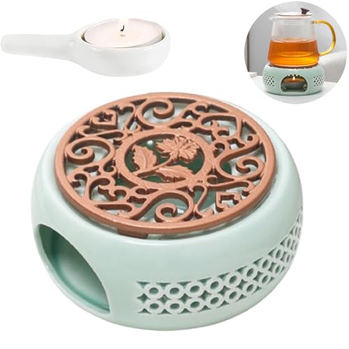 SAMSYOKI Stövchen für Teekanne Keramik Stövchen Porzellan Teestövchen mit Kerzenhalter und Herdmatte, Hohl Geschnitztes Design Teekannenwärme Kaffeewärmer zum Erhitzen von Tee und Kaffee (Grün) von SAMSYOKI