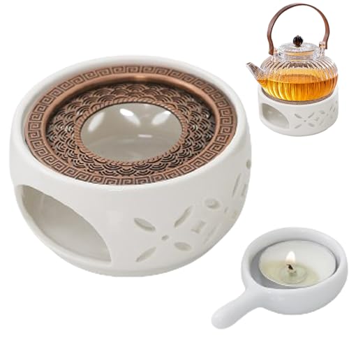 Stövchen, SAMSYOKI Stövchen für Teekanne Keramik, Teewärmer Porzellan mit Teelichthalter und Herdmatte Hohl Geschnitztes Design Kaffeewärmer für Kaffee Tee Milch Weiß (Blütenform) von SAMSYOKI
