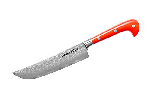 SAMURA Profi Damast Chefmesser, Ultra scharf, 16,5 cm Klinge aus japanisch AUS 8 Edelstahl, ergonomischer G10 Carbon Handgriff, rostfrei, Damastmesser, damaszener (Rot) von SAMURA