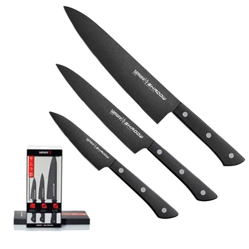 Samura Shadow Küchenmesser für Anfänger, 3-teiliges Messerset mit 15 cm Universalmesser, 9 cm Gemüsemesser and 21 cm Kochmesser. Hergestellt aus echtem japanischem Stahl mit Anti-Rutsch- Beschichtung! von SAMURA